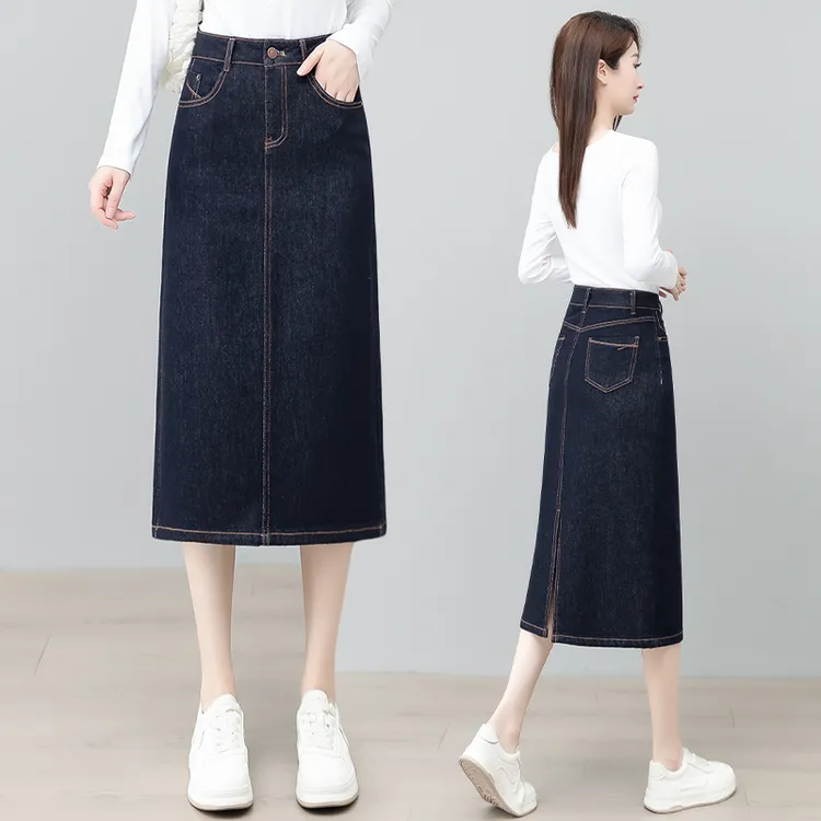 丹宁蓝开叉牛仔半身裙女2025年秋季新款高腰复古一步中长款休闲裙