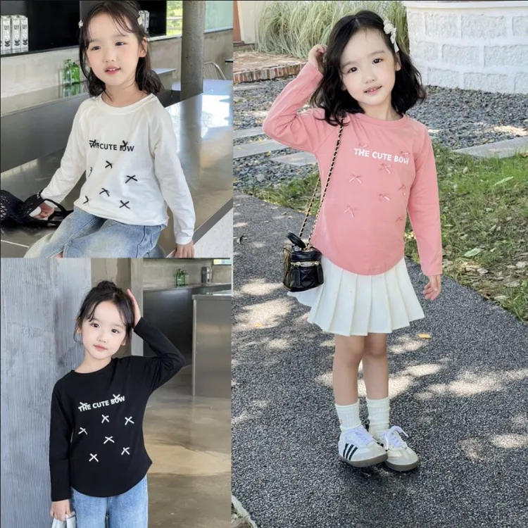 女童莱卡棉蝴蝶结长袖T恤清新韩版2025春秋新款长T恤2025春款时尚