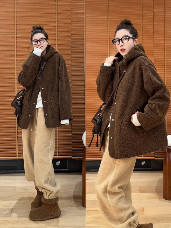 月月年货定制小众设计极简风厚款宽松毛毛外套连帽外套 2512C8790