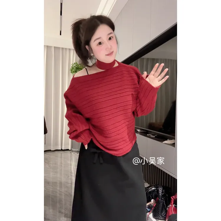 「小吴家」高级感挂脖一字领针织衫毛衣女2025年秋冬新款设计感上衣