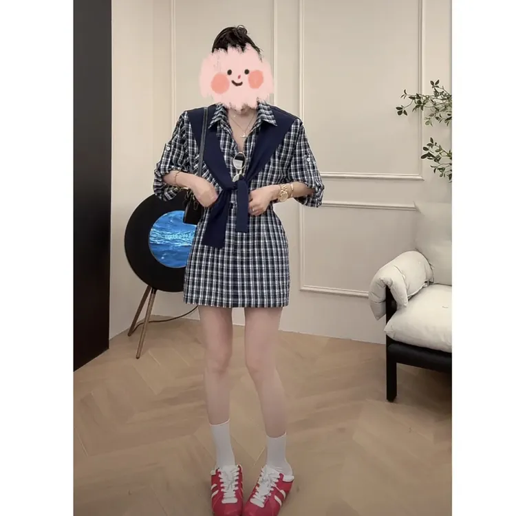 韩版气质撞色拼接披肩收腰显瘦洋气衬衫连衣裙 2025夏季