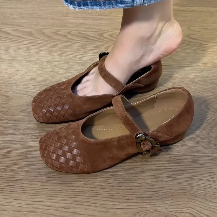 2025新款复古休闲编织通勤舒适不累脚百搭单鞋包头粗跟玛丽珍单鞋