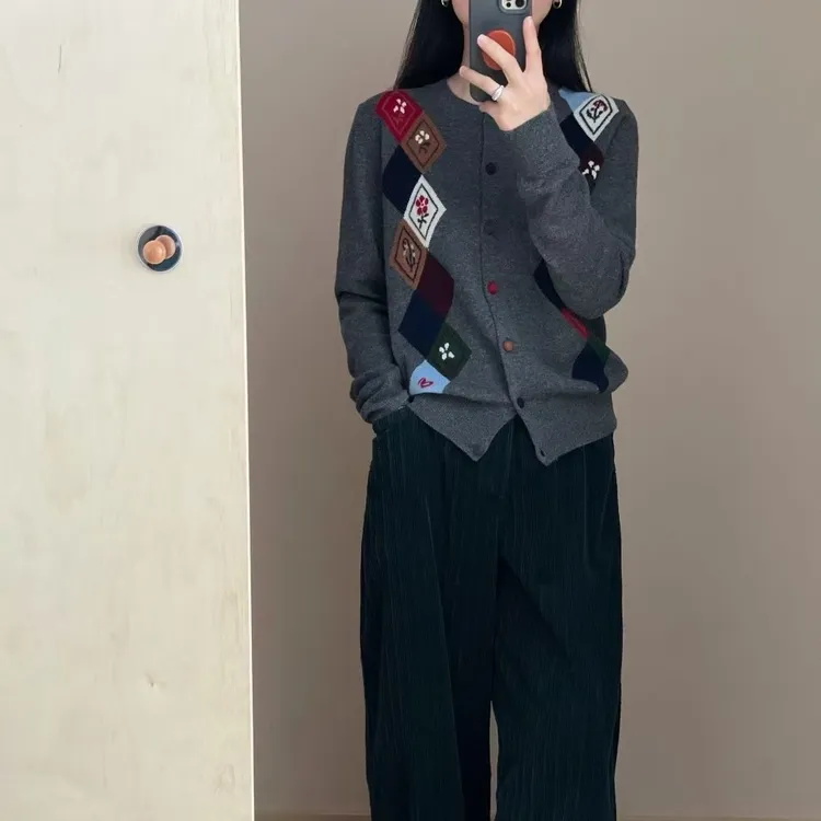 【木辛专属】美式复古菱格印花圆领针织衫提花学院风开衫彩扣毛衣