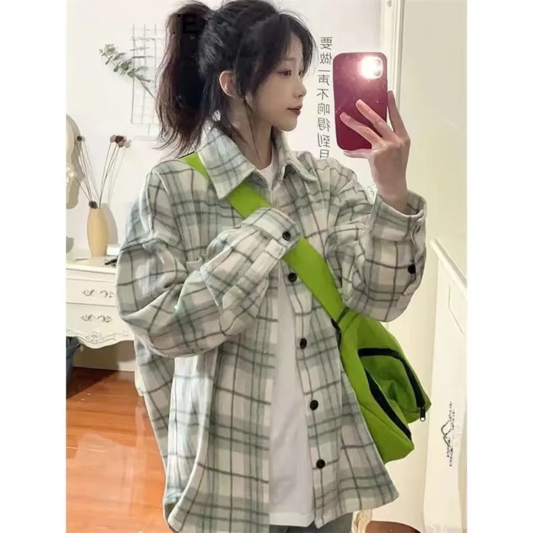早秋穿搭叠穿格子衬衫女新款设计感小众长袖上衣百搭宽松休闲外套