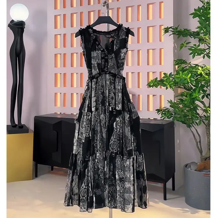 宽松腰优雅气质显瘦夏季连衣裙法式收腰设计师定制花色无袖背心裙