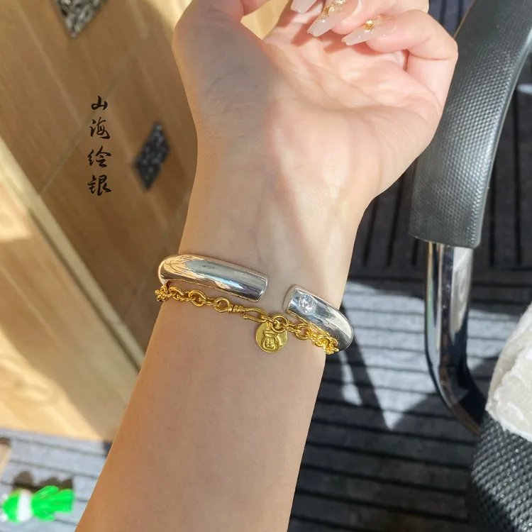 足银手镯 足银手镯 镶嵌彩色锆石纯手工定做镶嵌手镯料加工定制银