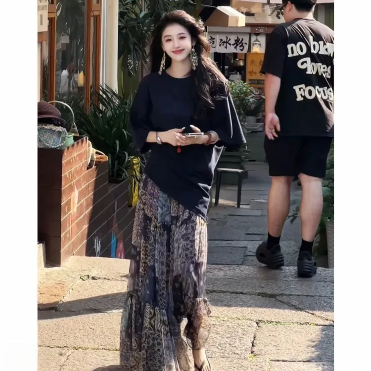 法式绝美松弛感穿搭套装女夏季新款宽松短袖T恤＋复古高腰半身裙女