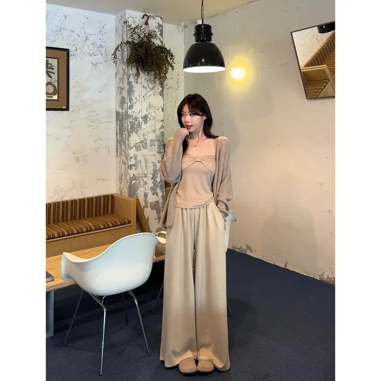辣妹松驰感蝴蝶结抹胸背心长袖针织衫阔腿裤女2025秋季时尚套装潮