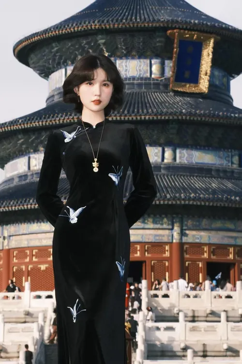 蝶梦令-秋季新中式蝴蝶刺绣复古镂空撞色丝绒旗袍