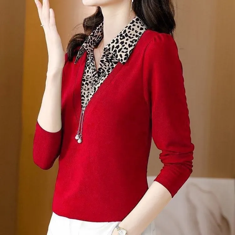 春秋新款时尚洋气T恤女士假两件上衣百搭显瘦长袖妈妈高档小衫