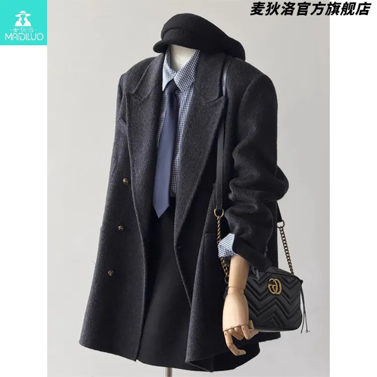 大码复古黑色中长款双面毛呢外套女秋冬季高级感正肩西装呢子大衣