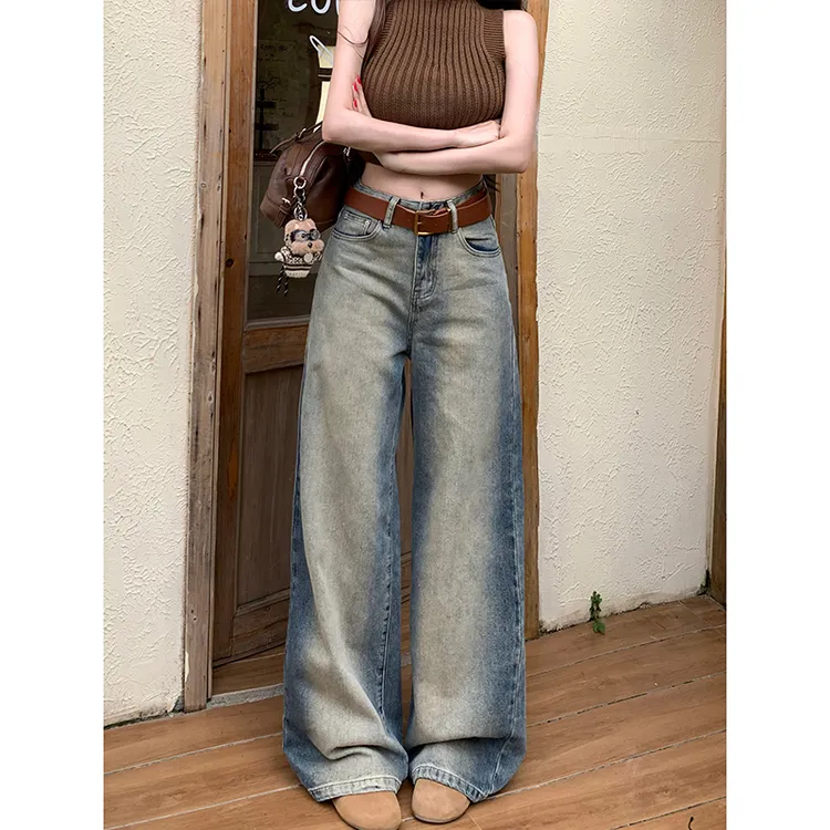 做旧晕染撞色阔腿牛仔裤女2025秋季新款高腰宽松显瘦垂感脏脏长裤