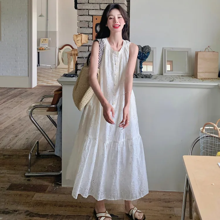 海盐蓝超仙无袖背心裙女长款2025夏新款法式甜美减龄温柔风连衣裙
