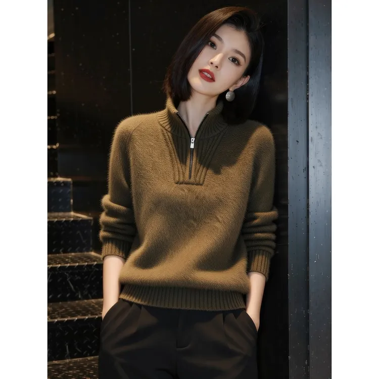 2025冬季新款时尚半拉链翻领纯色针织衫毛衣通勤风显瘦长袖上衣潮