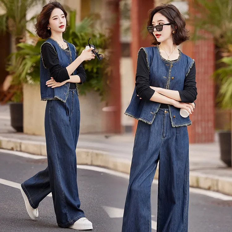 休闲港风复古牛仔套装女2025春秋季新款毛边背心宽松阔腿裤三件套