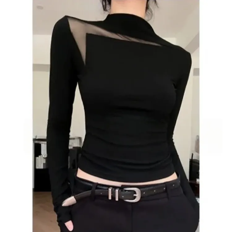 简约镂空网纱小众设计黑色长袖T恤女秋季修身显瘦纯欲感百搭上衣