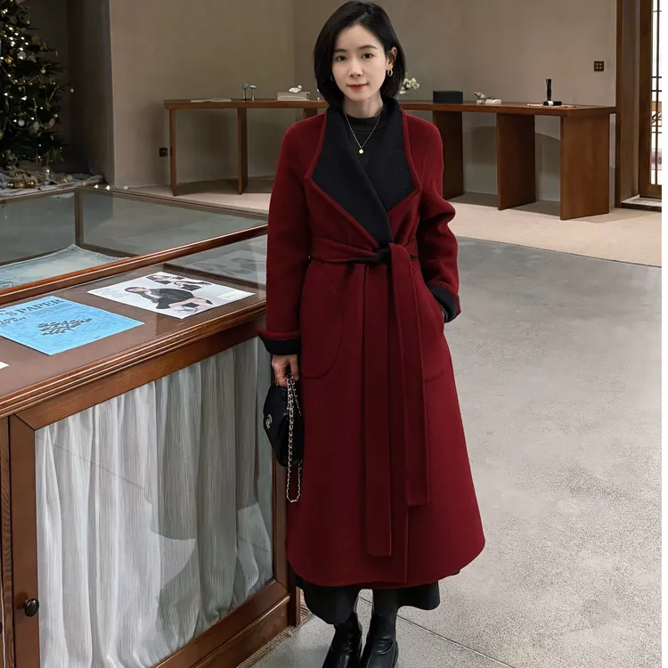 【运费补】小个子定制双色两面穿双面羊绒大衣女冬新款翻领大衣
