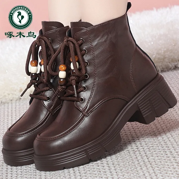 啄木鸟冬季马丁靴系带圆头厚底美拉德色系女靴加绒温暖内里妈妈鞋