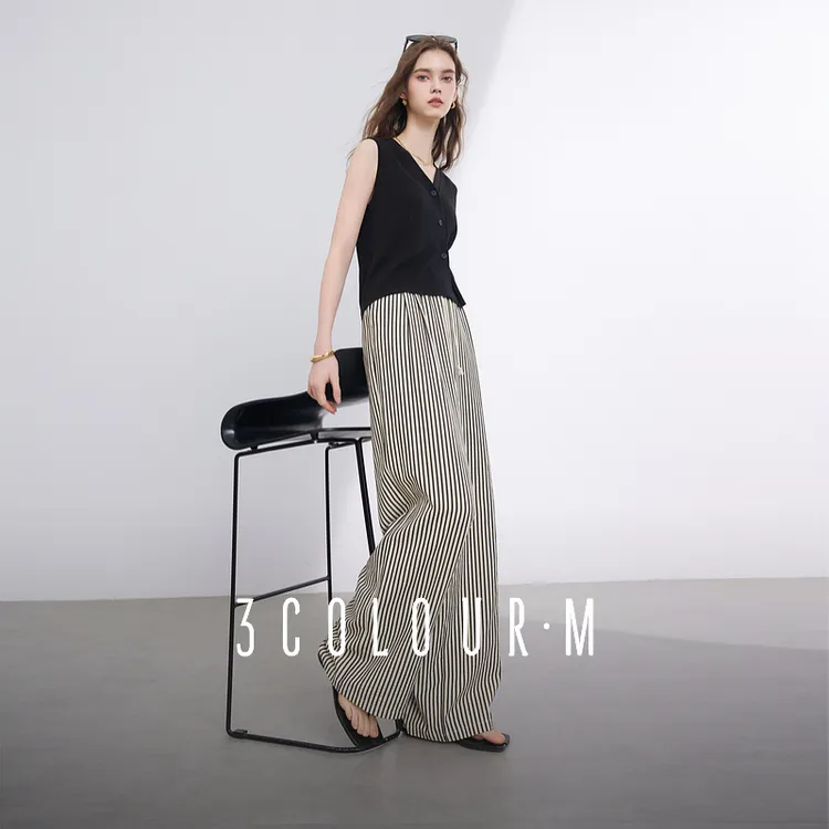 三彩2025夏季新款休闲条纹裤高腰松紧直筒阔腿裤长裤慵懒M