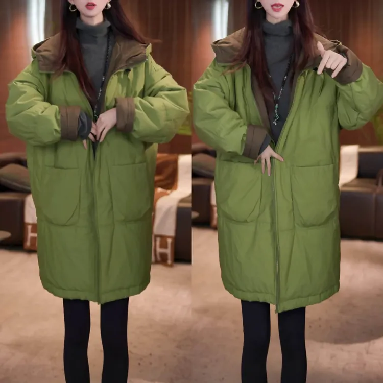 时尚气质宽松连帽棉服外套2025冬季新款加厚保暖中长款双面穿棉衣
