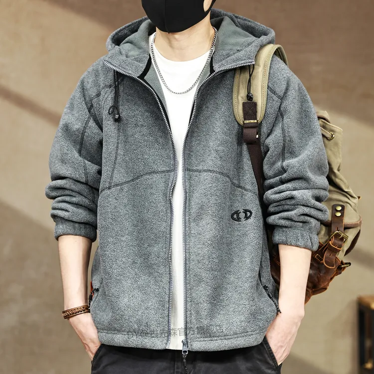 美式高端痞帅摇粒绒连帽外套男秋冬新款宽松休闲复古夹克上衣男装