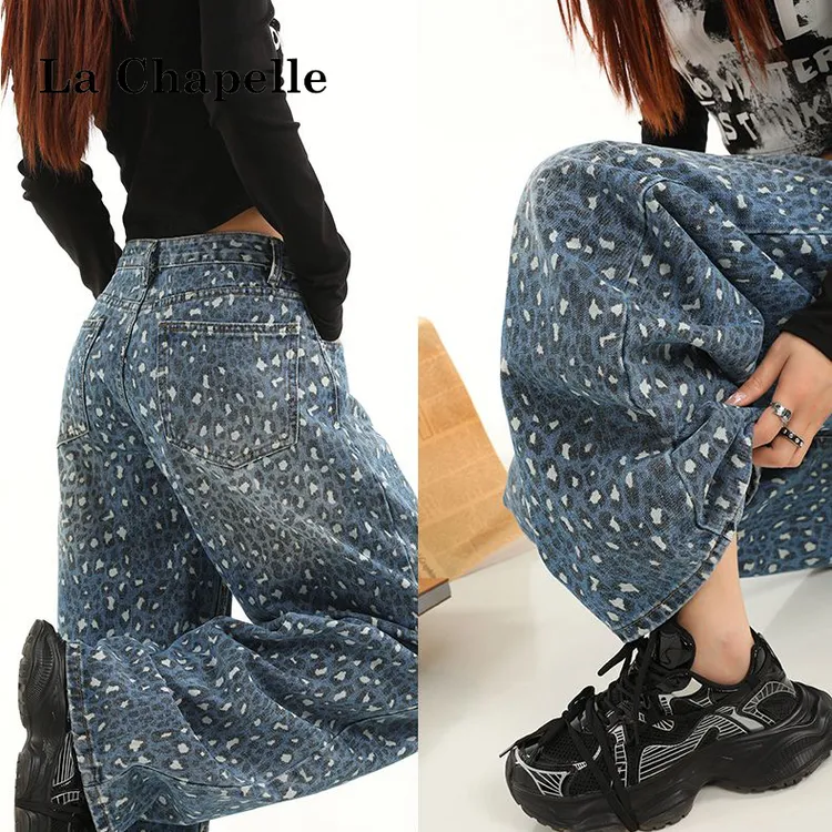 拉夏贝尔美式蓝色豹点气球牛仔裤女2026早春新款休闲弯刀阔腿裤子