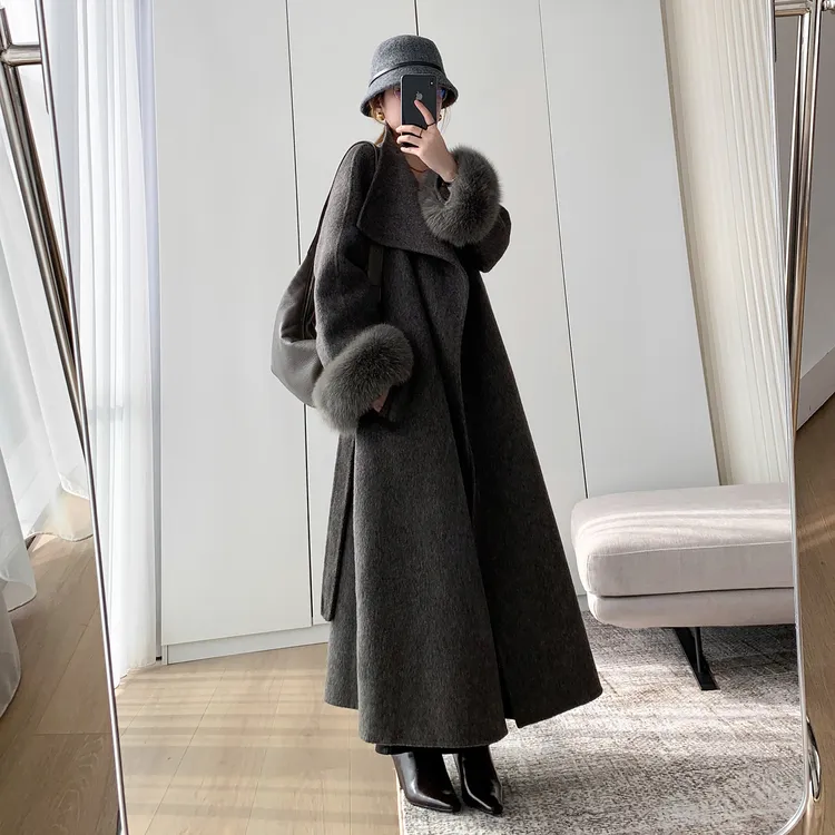 懂点羊毛大衣女2025冬季新款韩版休闲中长款高端狐狸毛袖毛呢外套