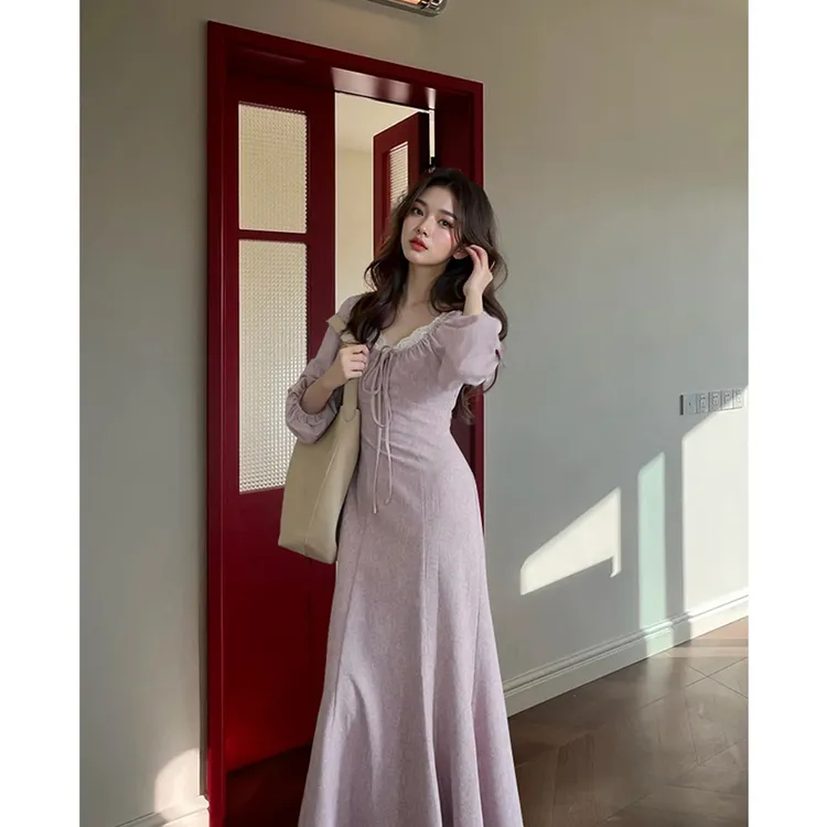 【雾芙】法式甜美收腰蕾丝U领茶歇长袖连衣裙女秋季新款气质长裙