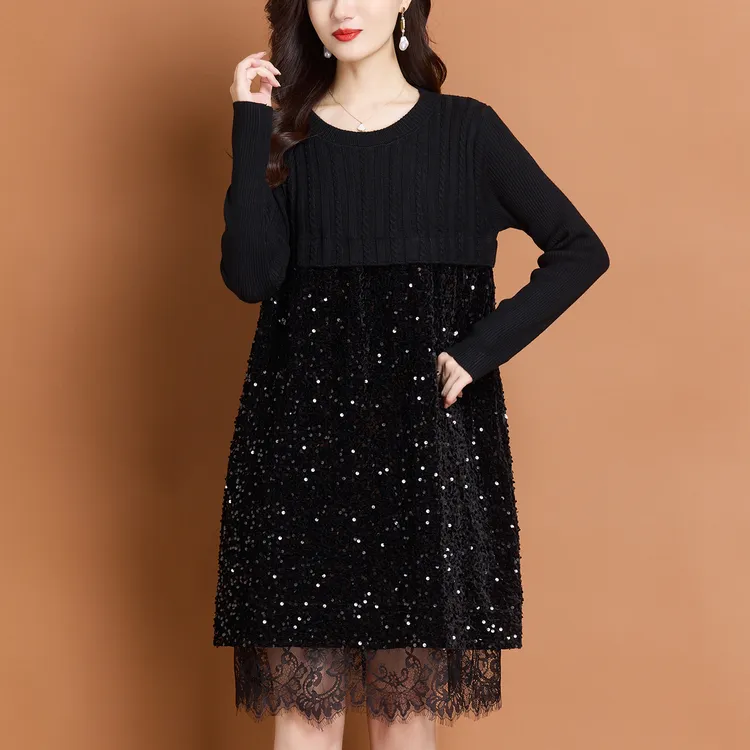 网纱拼接连衣裙秋冬高级感中长款毛衣裙气质显瘦亮片裙子2025新款