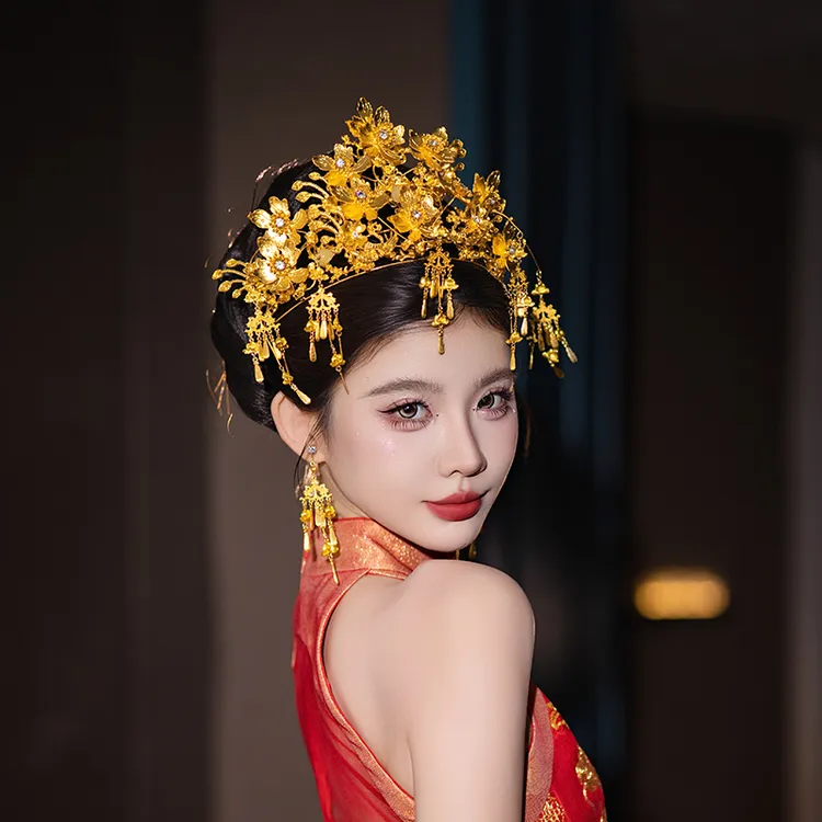 合金婚庆饰品 中式新娘结婚华丽凤冠金色爆款高级带流苏宫廷6018