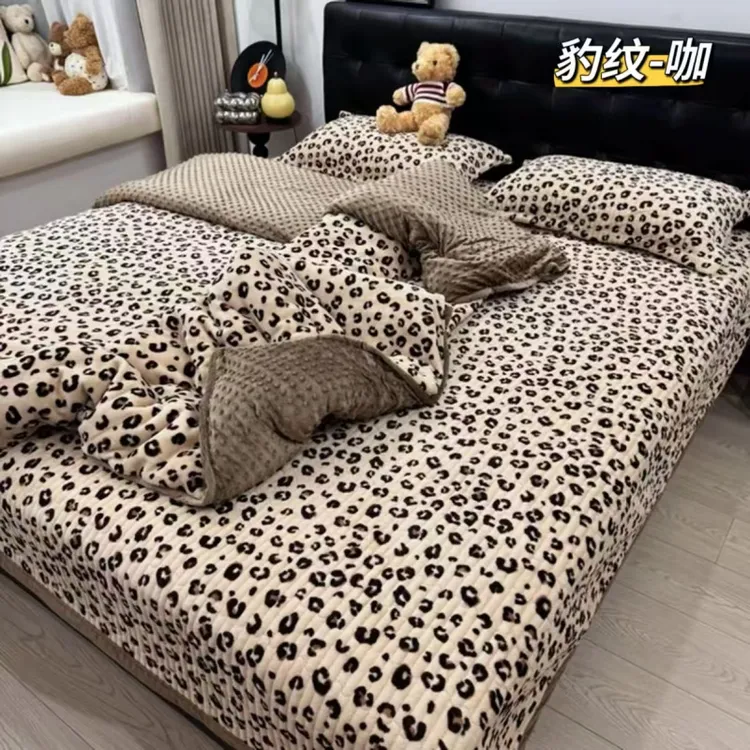 牛奶绒床盖四件套豆豆绒印花被套加厚夹棉床单款双面绒被罩床品