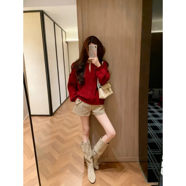 独特慵懒风冬装一整套韩系设计感气质针织毛衣显瘦休闲短裤子套装