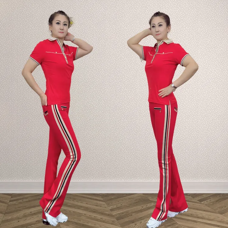佳木斯健身操夏季透气红V领罗马短袖微喇套装显瘦时尚LDT2401