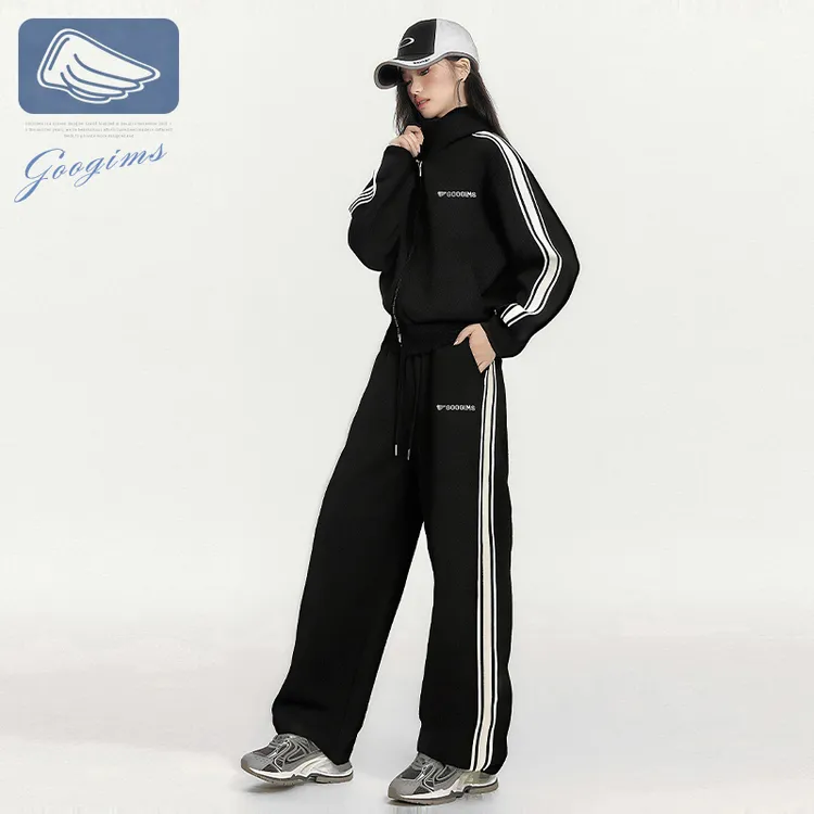 韩国Googims秋季经典条纹卫衣套装新款休闲情侣款百塔连帽套装女