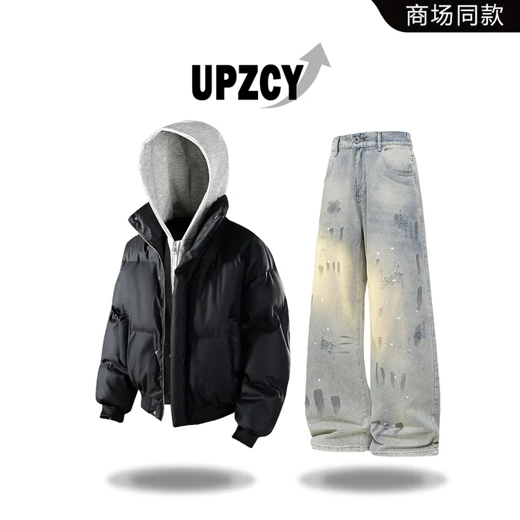 UPZCY美式复古设计感假两件棉服套装男秋冬高街痞帅牛仔裤两件套