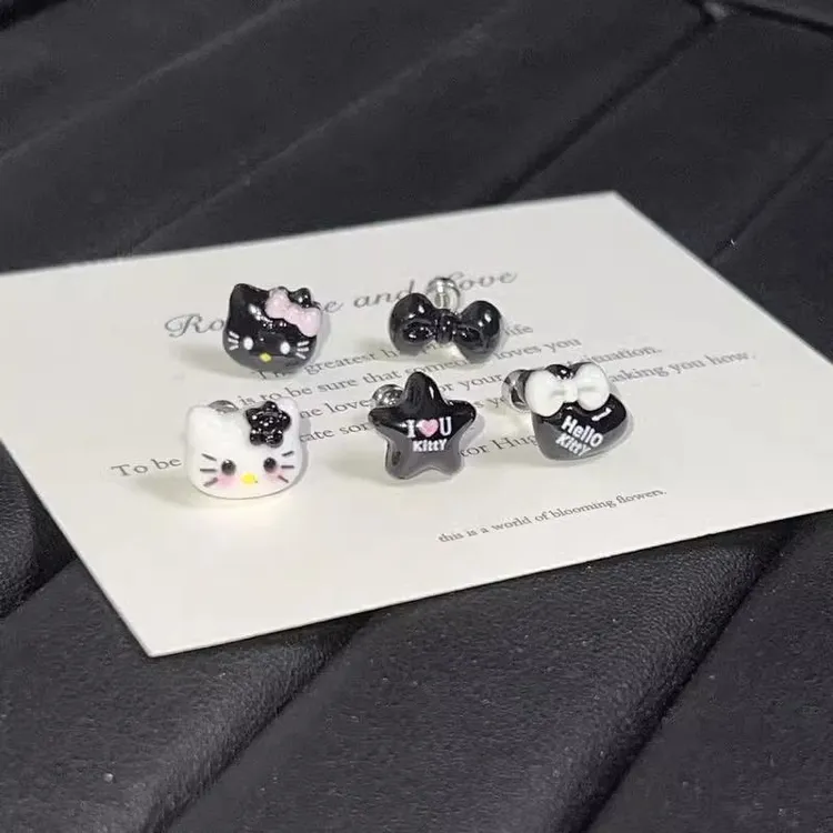 黑皮Kitty猫系列耳骨钉甜酷辣妹风黑白凯蒂猫耳钉简约日常百搭女