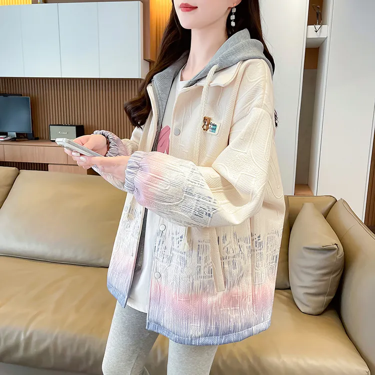 渐变色假两件外套女韩版宽松春秋季新款中学生学院风连帽上衣ins