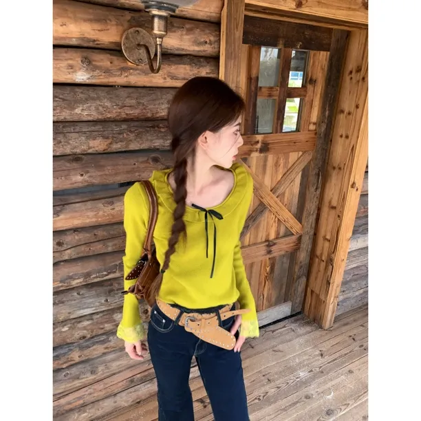 【赵小小&美美温柔】H-98071 韩系慵懒蕾丝拼接简约蝴蝶结针织上衣