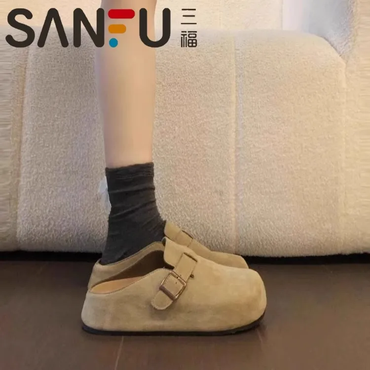 三福真皮厚底勃肯鞋女2025春新款复古慵懒感一脚蹬包头半拖鞋外穿