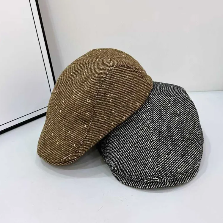 秋冬新款复古羊毛粗花呢前进帽男女百搭显脸小正反戴时尚鸭舌帽潮