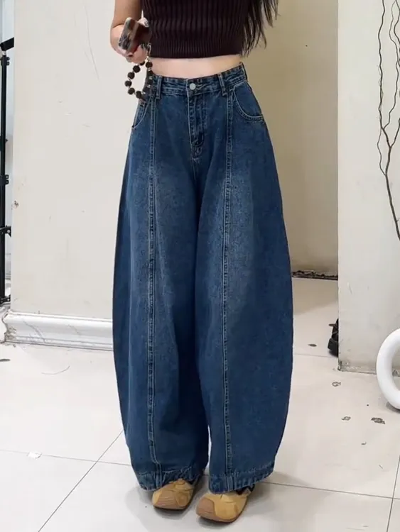 弯刀牛仔裤女遮胯阔腿裤秋显瘦哈伦裤梨型身材高腰显瘦松弛老爹裤