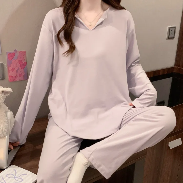 简约纯色德绒睡衣女长袖新款春秋季磨毛保暖冬天家居服套装可外穿