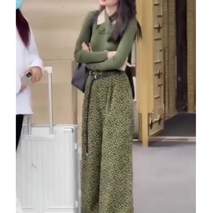新款印花高腰宽松直筒阔腿休闲大码女装