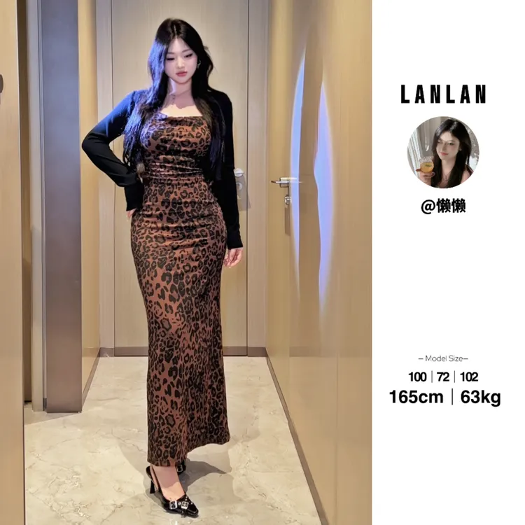 Lanlan-【曼谷假日】复古豹纹圆领连衣裙小众设计感气质修身长裙