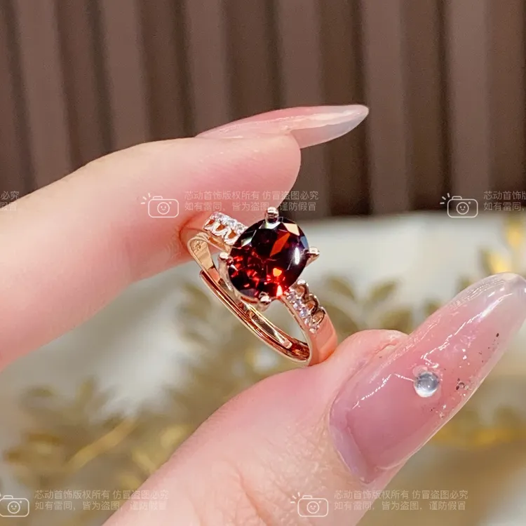 新品戒指【晴岚】7x9mm石榴红人工宝镶嵌波纹设计精致百搭戒指k4162