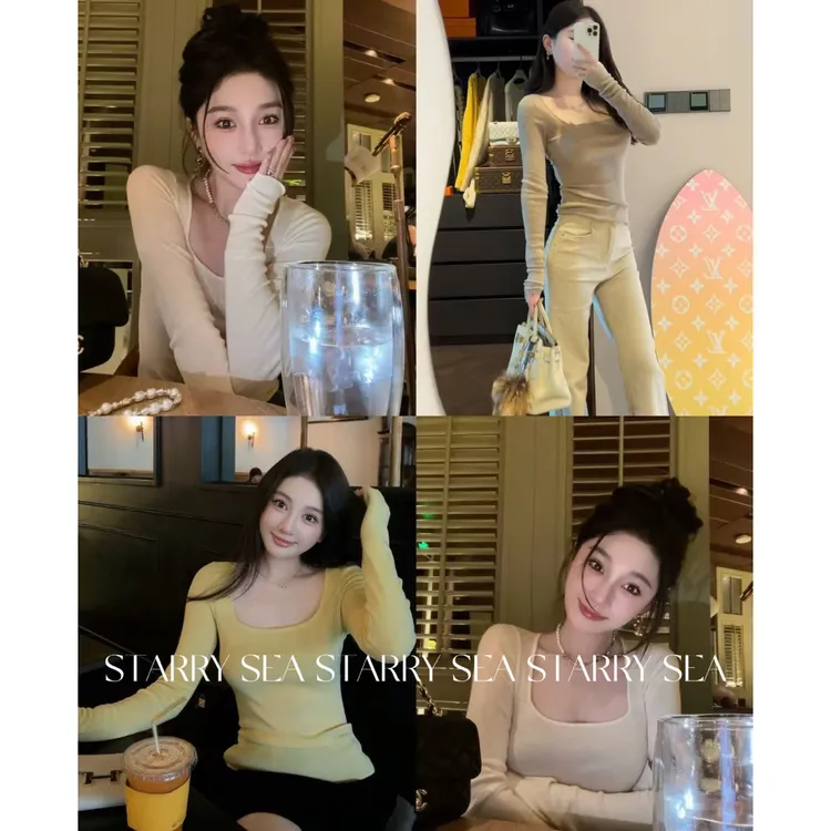 PP 【别致绝美】显瘦高级气质方领针织打底衫#PP0285SY