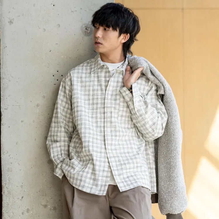 UrbanStandard日系泡泡纱格纹衬衫男秋季宽松复古男士休闲衬衣