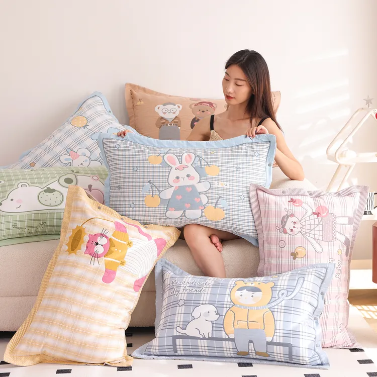 A类纯棉纱布按扣式枕套一对装柔软舒适枕头套卡通全棉透气枕芯套