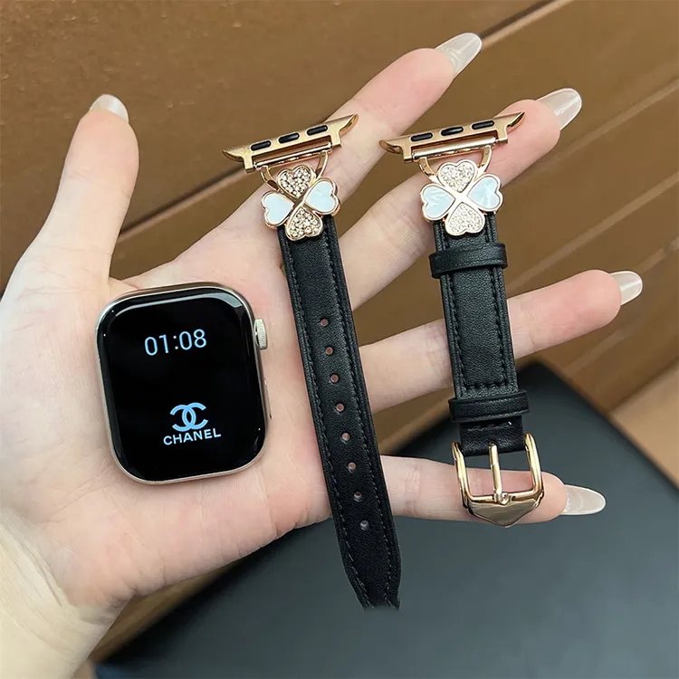 适用Appleiwatchs10表带皮纹四叶草s9/8/7高级ins风轻奢腕带表带