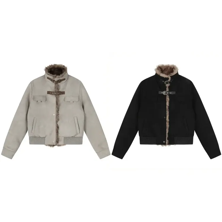 FANGWANG美式毛领拼接立领麂皮绒棉衣加绒加厚宽松夹克男女外套